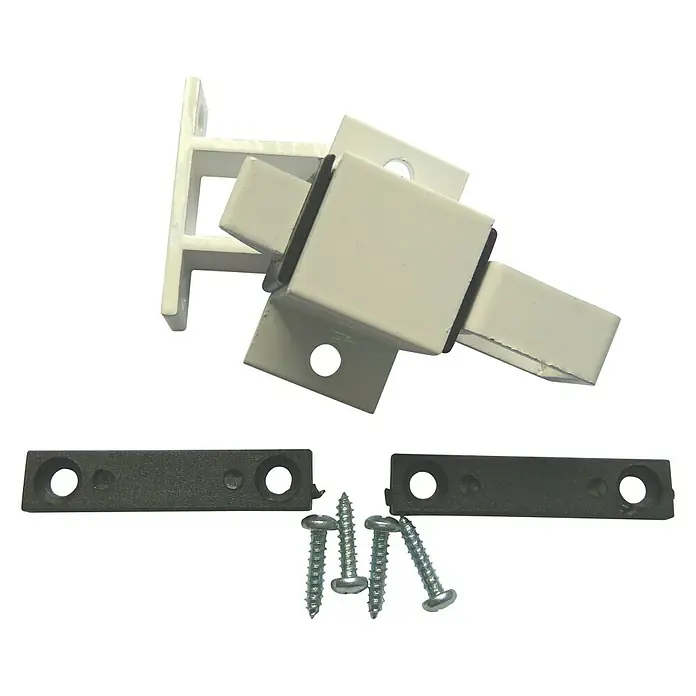 Cierre de seguridad para ventanas - Blanco - Cierre de ventana: Un juego robusto con tornillos y placas de montaje negras para ventanas seguras.