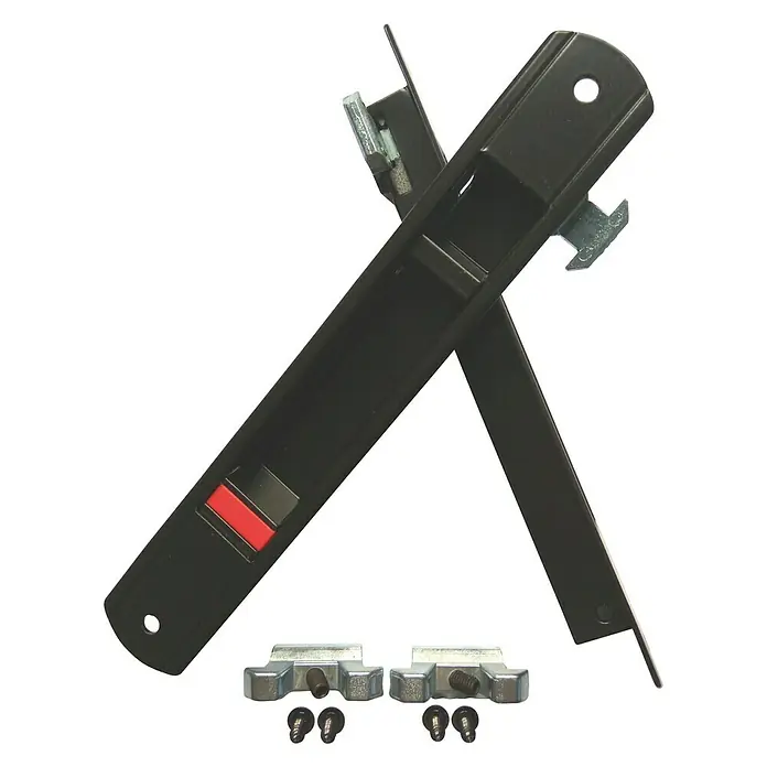 Cerradura para puertas y ventanas 81076 - Negro - En la imagen, un juego de cerrojos negros para ventanas con accesorios y tornillos plateados, ideal para asegurar ventanas.