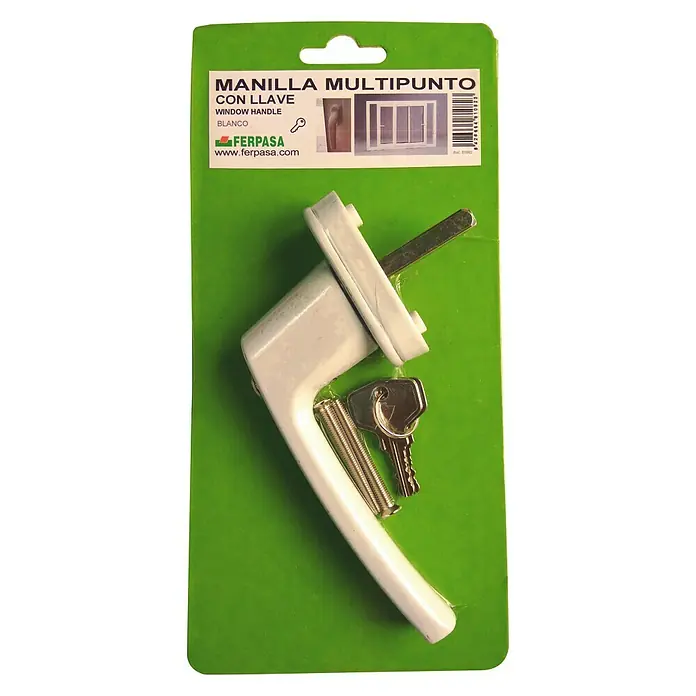 Manilla para ventana - Largo: 155 mm, Blanco - Manilla de ventana blanca con llave y resorte, empaquetada en una tarjeta de cartón verde de la marca Ferpasa.