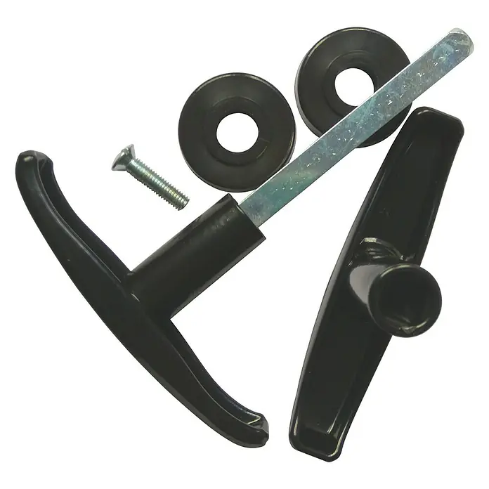 Conjunto de picaporte para puertas basculantes - Negro - Un primer plano de un juego de manija de puerta negra con un tornillo y un eje de metal.