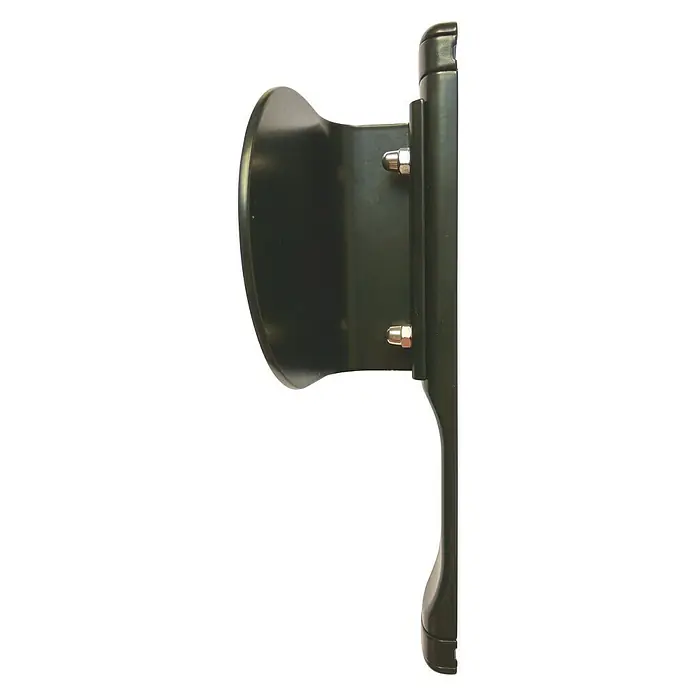 Cerradura para puertas y ventanas 82081 - Negro - Primer plano del soporte dispensador de papel higiénico negro con dos tornillos que lo sujetan a la pared.