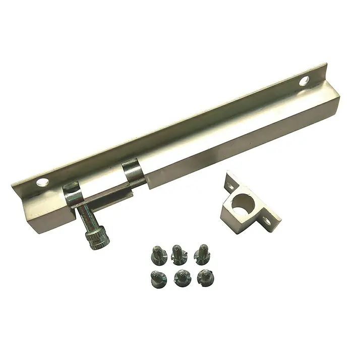Cerradura adicional para ventanas - Largo: 150 mm, Aluminio, Plateado - Un cerrojo de barril plateado con tornillos y una pieza de sujeción. Ideal para asegurar puertas o ventanas.