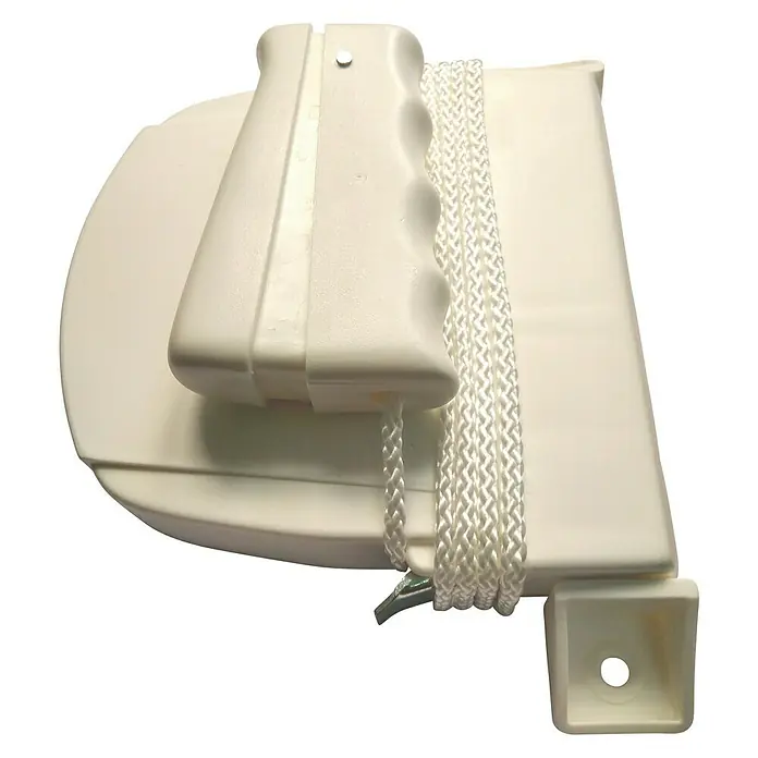 Recogedor de cinta de persiana con empuñadura y cordón - Apto para: Persiana - Un enrollador de persiana de color crema con guía de cordón y asa. Diseñado para facilitar el funcionamiento de las persianas.