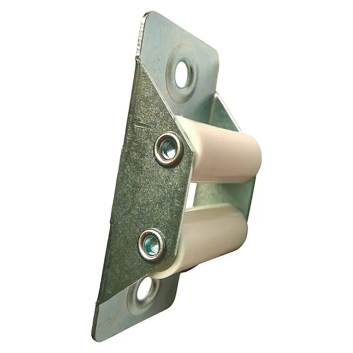 Polea para persiana - Anchura de la correa: 30 mm - Primer plano de un cierre de rodillo con un soporte de metal y dos rodillos blancos. El producto es adecuado para muebles.