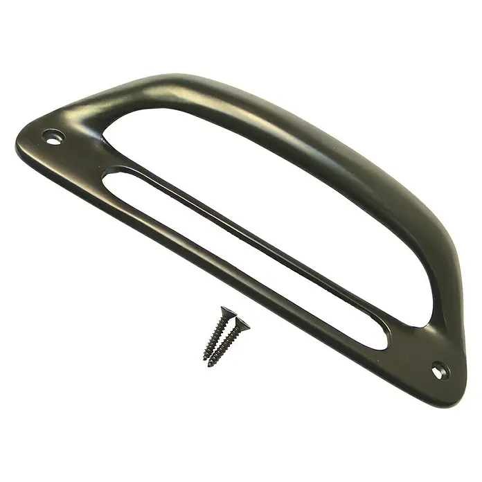 Manillón Ovalado - Distancia entre orificios: 128 mm, Negro - Vista detallada de un tirador de puerta metálico con tornillos, ideal para muebles. Construcción robusta para un uso duradero.