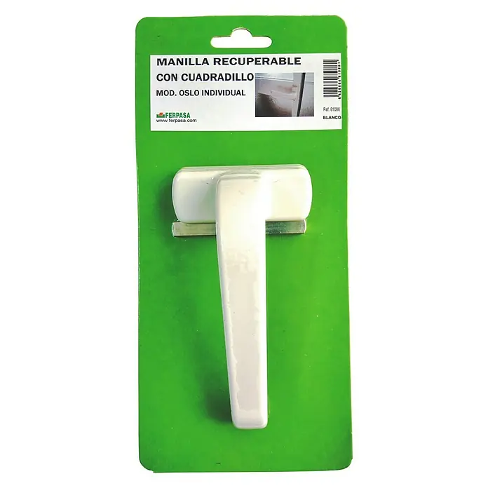Manilla para ventana - Largo: 100 mm, Apertura según normativa: Izquierda/Derecha, Blanco - Imagen del producto de una maneta de ventana blanca con fondo verde. La maneta es para ventanas con cuadradillo y es de uso individual.