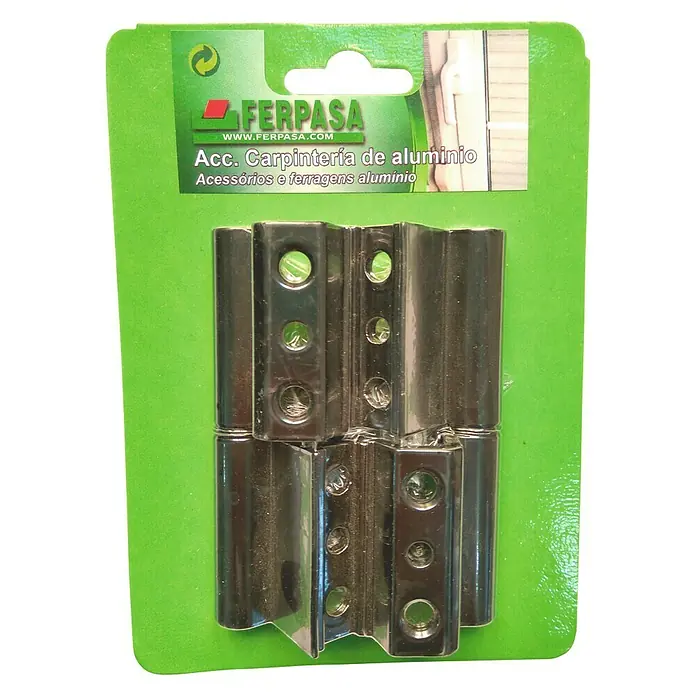 Bisagra Europea - 100 x 48 x 20 mm, Negro, 2 ud. - Paquete de bisagras de aluminio para carpintería, brillantes y nuevas, sobre un fondo verde.