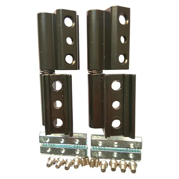 Bisagra Europea - 100 x 48 x 20 mm, Negro, 2 ud. - La imagen muestra un juego de bisagras negras y los tornillos asociados, ideales para diversos proyectos de montaje y fijaciones de puertas.