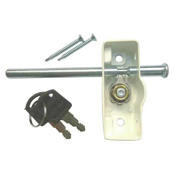 Cierre de seguridad para ventanas Multilock - Blanco - La imagen muestra un juego de cerradura de cerrojo con dos llaves y tornillos. La cerradura es blanca, con un cerrojo de metal y un conjunto de perno dorado.