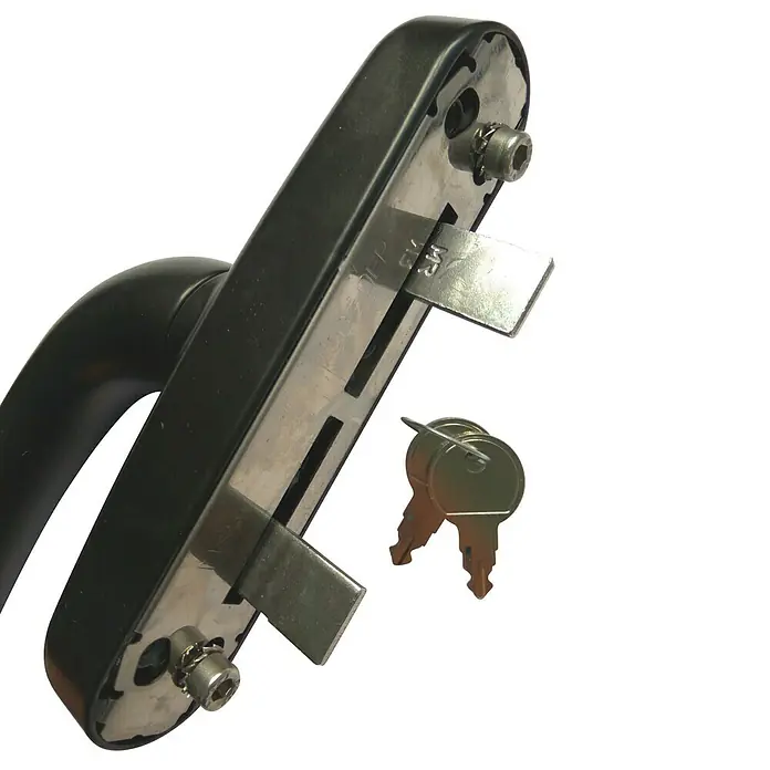 Manilla para ventana con llave - Largo: 170 mm, Negro, Aluminio - Primer plano de un tirador de ventana con llaves y mecanismo de bloqueo, destacando la funcionalidad y las características de seguridad del producto.