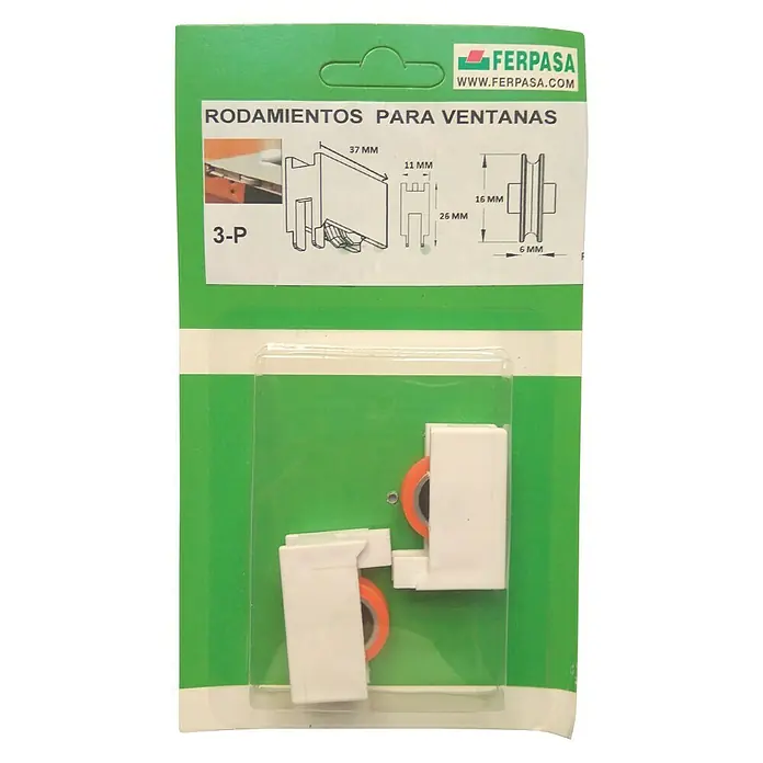 Cojinete de bolas 3-P - Diámetro: 16 mm, Ancho: 11 mm - Rodamientos para ventanas "3-P" de Ferpasa, ideales para ventanas correderas. Diseño compacto para una fácil instalación.