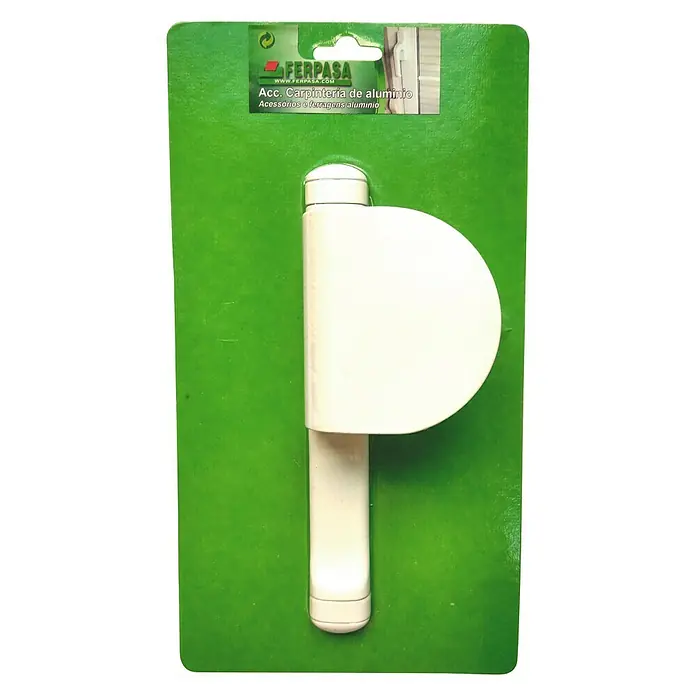 Cerradura para puertas y ventanas con placa - Blanco - Una bisagra de puerta de aluminio blanco Ferpasa, empaquetada en una tarjeta de cartón verde, específicamente para carpintería de aluminio.