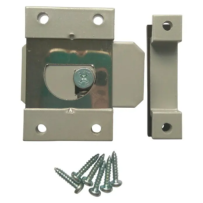 Pestillo deslizante - Plateado - Un juego de cerradura de caja gris con tornillos. Ideal para bloquear puertas y portones de forma segura. Construcción duradera.