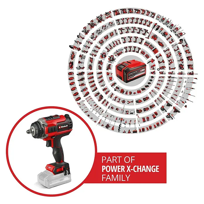 Einhell Professional Power X-Change 18V Akku-Schlagschrauber IMPAXXO 18/450 - 18 V, Ohne Akku, 450 Nm - Bild einer Einhell Akku-Schlagschrauber, Teil der Power X-Change Familie, mit dem Akku-System im Hintergrund.