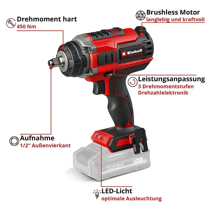 Einhell Professional Power X-Change 18V Akku-Schlagschrauber IMPAXXO 18/450 - 18 V, Ohne Akku, 450 Nm - Akku-Drehschlagschrauber mit bürstenlosem Motor, 3 Drehmomentstufen, LED-Licht, 450 Nm Drehmoment und 1/2" Außenvierkant-Aufnahme für optimale Leistung.