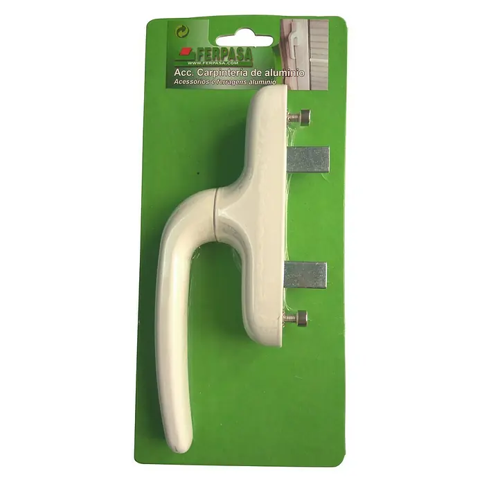 Manilla para ventana - Largo: 180 mm, Blanco, Aluminio - Primer plano de un tirador de ventana beige con herrajes plateados sobre un embalaje verde, diseñado para ventanas de aluminio.