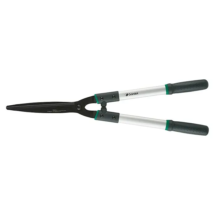 Gardol Comfort Hand-Heckenschere GDH65 - Länge: 3,4 cm - Abbildung einer Gardol Heckenschere mit silbernen Griffen und schwarzen Klingen, ideal zum präzisen Schneiden von Hecken und Sträuchern.