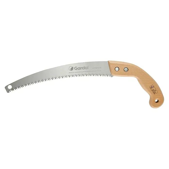 Gardol Comfort Baumsäge GDS46 - 30 cm - Abgebildete Gardol Astsäge mit gebogenem Sägeblatt und ergonomischem Holzgriff, ideal für Gartenarbeiten. Die Säge ist scharf und präzise.