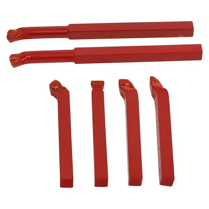 Rotwerk Drehmeißel-Set - Schaftart: 8 x 8 mm, 6 -tlg. - Ein Set aus roten Drehwerkzeugen in verschiedenen Formen, die für eine Drehmaschine geeignet sind. Die Werkzeuge sind aus robustem Material gefertigt.