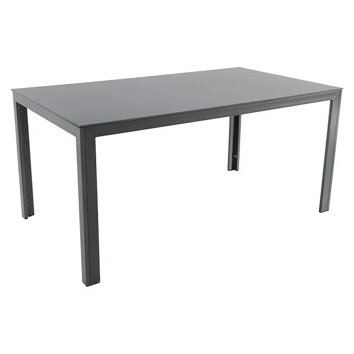 Sunfun Maja Slim Gartenmöbel-Set - 5 -tlg., Glas/Aluminium/Textilen, Anthrazit - Ein moderner grauer Esstisch mit klaren Linien und einem minimalistischen Design, perfekt für den Innen- und Außenbereich.