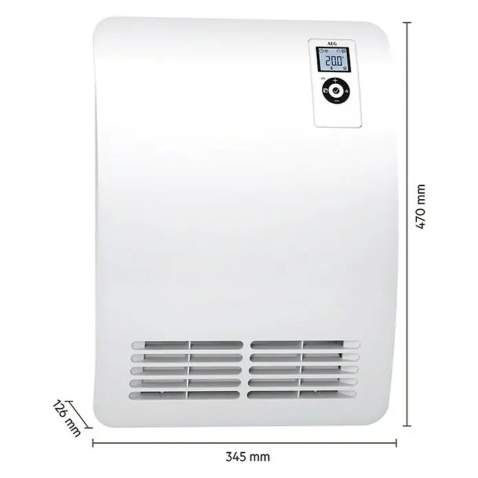 AEG Heizlüfter VH Comfort Wandmontage - 2.000 W, Alpinweiß, IP24 - Abbildung eines weißen AEG-Heizkörpers mit digitaler Steuerung und den Maßen 470 mm Höhe, 345 mm Breite und 126 mm Tiefe.