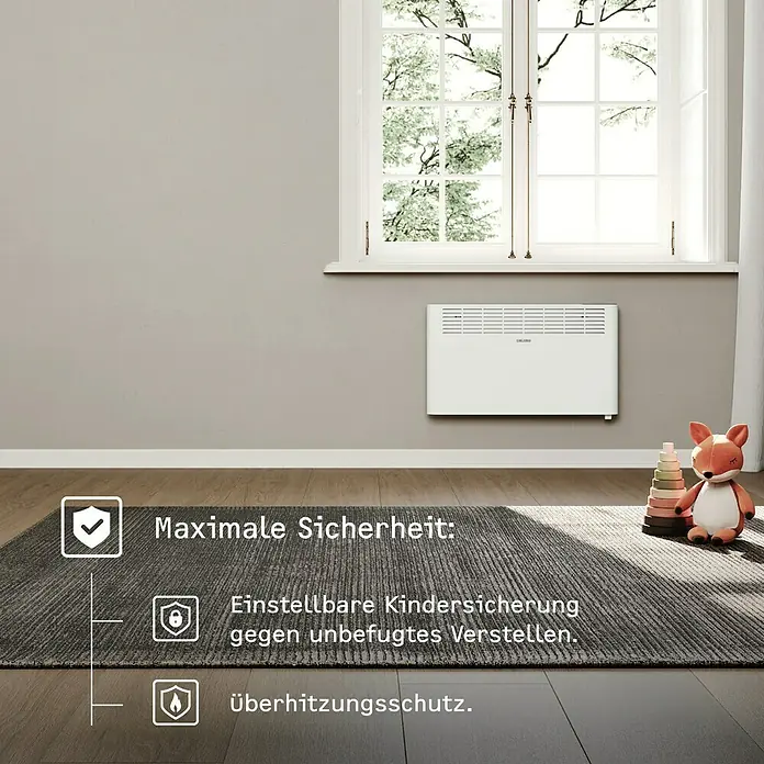 Stiebel Eltron Konvektorheizung CNS PLUS LCD Wandmontage - 2.000 W, Raumheizvermögen: 25 m², Weiß - Ein weißer Heizkörper mit Kindersicherung und Überhitzungsschutz sorgt für maximale Sicherheit im Kinderzimmer.