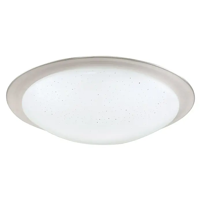 Tween Light Plafón LED Oria - 35 W, Blanco, Blanco neutro - Primer plano de una lámpara de techo redonda y plana con marco plateado y superficie blanca salpicada de estrellas, ideal para interiores modernos.