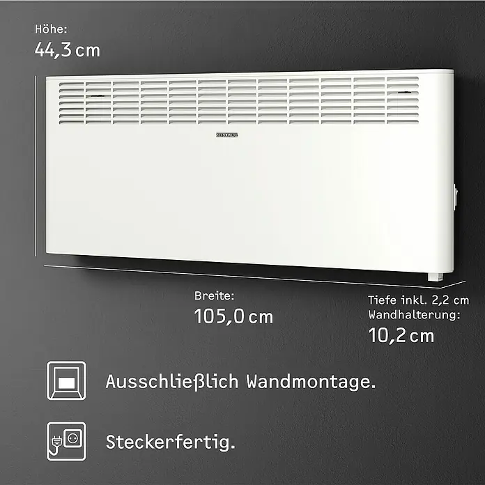 Stiebel Eltron Konvektorheizung CNS PLUS LCD Wandmontage - 3.000 W, Raumheizvermögen: 35 m², Weiß - Abbildung eines Stiebel Eltron Wandheizgeräts mit den Maßen Höhe 44,3 cm, Breite 105,0 cm und Tiefe inkl. Wandhalterung 10,2 cm.