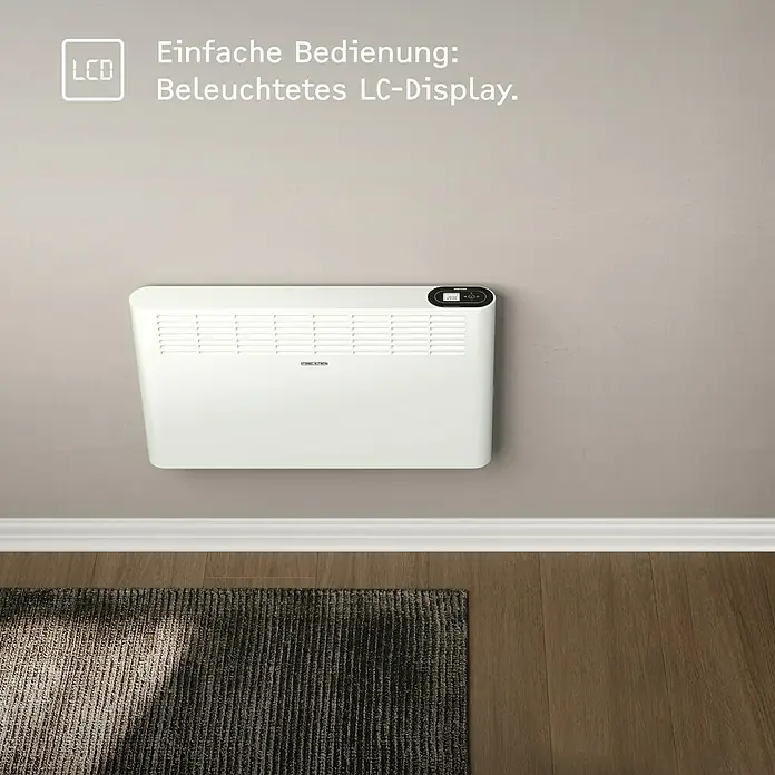 Stiebel Eltron Konvektorheizung CNS PLUS LCD Wandmontage - 2.000 W, Raumheizvermögen: 25 m², Weiß - Wandmontierter, weißer Heizkörper mit digitaler Anzeige und dem Schriftzug "Einfache Bedienung: Beleuchtetes LC-Display".
