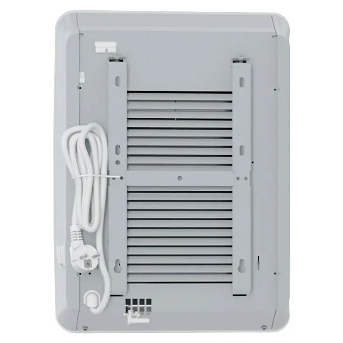 AEG Heizlüfter VH Comfort Wandmontage - 2.000 W, Alpinweiß, IP24 - Rückansicht eines weißen Heizgeräts mit Lüftungsschlitzen und Kabelaufwicklung.