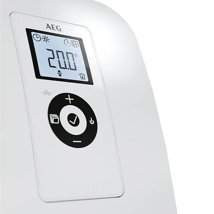 AEG Heizlüfter VH Comfort Wandmontage - 2.000 W, Alpinweiß, IP24 - Nahaufnahme einer AEG-Heizungssteuerung mit digitaler Anzeige, die 20,0 Grad Celsius anzeigt. Das Gerät verfügt über eine benutzerfreundliche Oberfläche.