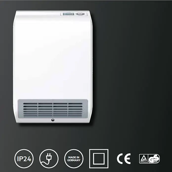 AEG Heizlüfter VH 213 Wandmontage - 2.000 W, Alpinweiß, IP24 - Abbildung eines weißen Wandheizlüfters, der für effiziente und platzsparende Wärmeverteilung konzipiert ist, ideal für Badezimmer.