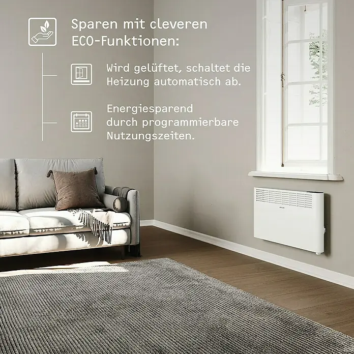 Stiebel Eltron Konvektorheizung CNS PLUS LCD Wandmontage - 2.000 W, Raumheizvermögen: 25 m², Weiß - Ein moderner Heizkörper mit intelligenten ECO-Funktionen, der Energie spart und sich automatisch abschaltet, wenn gelüftet wird.
