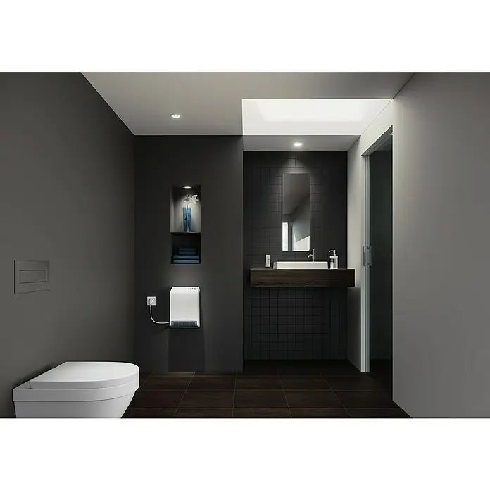 AEG Heizlüfter VH 213 Wandmontage - 2.000 W, Alpinweiß, IP24 - Elegantes Badezimmerdesign mit WC, Handtuchwärmer und Waschbecken. Das schlichte Design und die dunklen Farben schaffen eine moderne Atmosphäre.