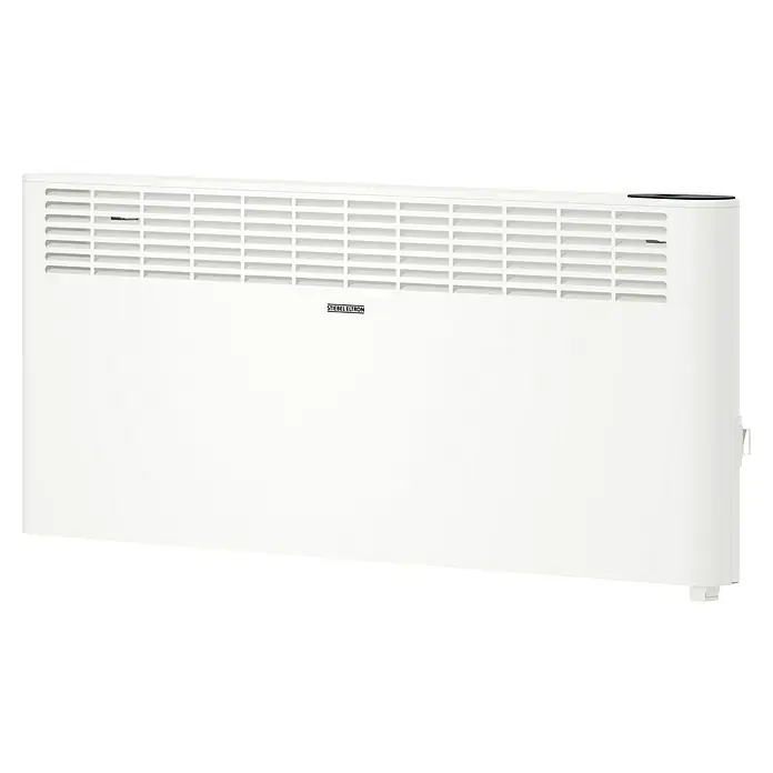 Stiebel Eltron Konvektorheizung CNS PLUS LCD Wandmontage - 3.000 W, Raumheizvermögen: 35 m², Weiß - Das Bild zeigt einen weißen Stiebel Eltron Wandkonvektor. Er hat oben Lüftungsschlitze und ein dunkles Bedienelement auf der Oberseite.
