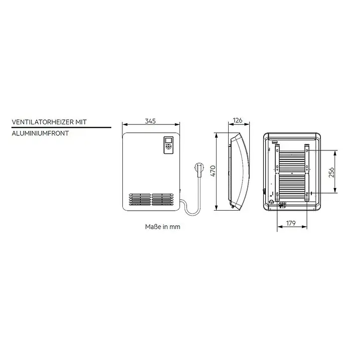 AEG Heizlüfter VH Comfort Wandmontage - 2.000 W, Alpinweiß, IP24 - Produktbild eines Ventilatorheizers mit Aluminiumfront, mit Maßangaben zu Breite, Höhe und Tiefe in Millimetern für Planungszwecke.