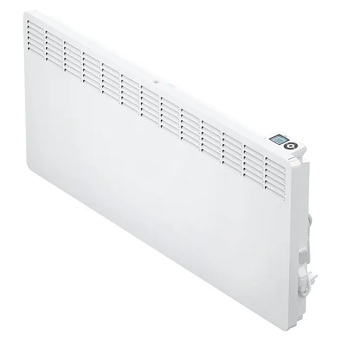 AEG Konvektorheizung WKL Wandmontage - 3.000 W, Beheizbare Fläche: 35 m², Alpinweiß - Aufnahme eines weißen Heizkörpers mit digitaler Anzeige und Lamellen zur Wärmeabgabe. Ideal für effiziente Raumheizung.