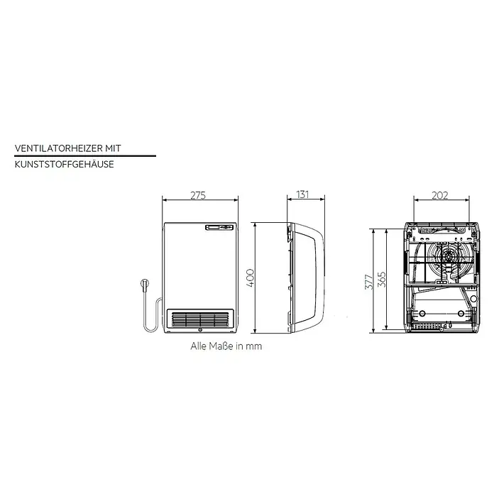 AEG Heizlüfter VH 213 Wandmontage - 2.000 W, Alpinweiß, IP24 - Abbildung eines Heizlüfters mit Kunststoffgehäuse, verschiedene Ansichten mit Maßangaben.