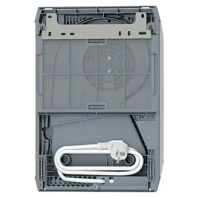 AEG Heizlüfter VH 213 Wandmontage - 2.000 W, Alpinweiß, IP24 - Rückansicht eines grauen Luftreinigers, der einen Filter und ein aufgewickeltes Netzkabel zeigt.