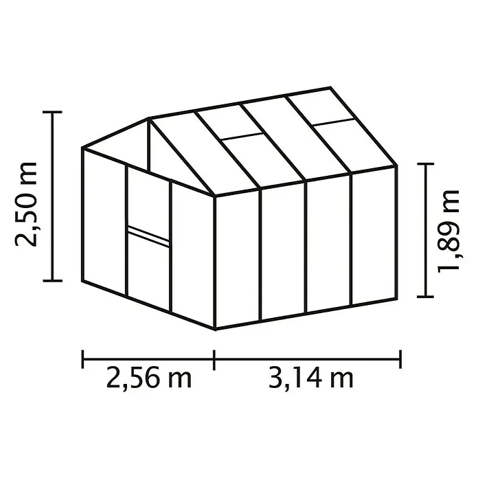 Vitavia Gewächshaus Zeus 8100 Plus - Außenmaß inkl. Dachüberstand (B x T): 256 x 314 cm, 16 mm, Aluminium - Abbildung eines Gewächshauses mit Maßen. Das Gewächshaus ist 2,50 m hoch, 2,56 m breit und 3,14 m tief. Die Höhe bis zur Dachkante beträgt 1,89 m.