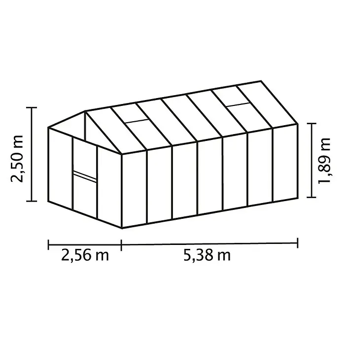 Vitavia Gewächshaus Zeus 13800 Plus - Außenmaß inkl. Dachüberstand (B x T): 256 x 540 cm, 3 mm, Schwarz - Detaillierte Ansicht eines Gewächshauses mit Maßangaben zu Höhe, Länge und Breite für präzise Planungen.
