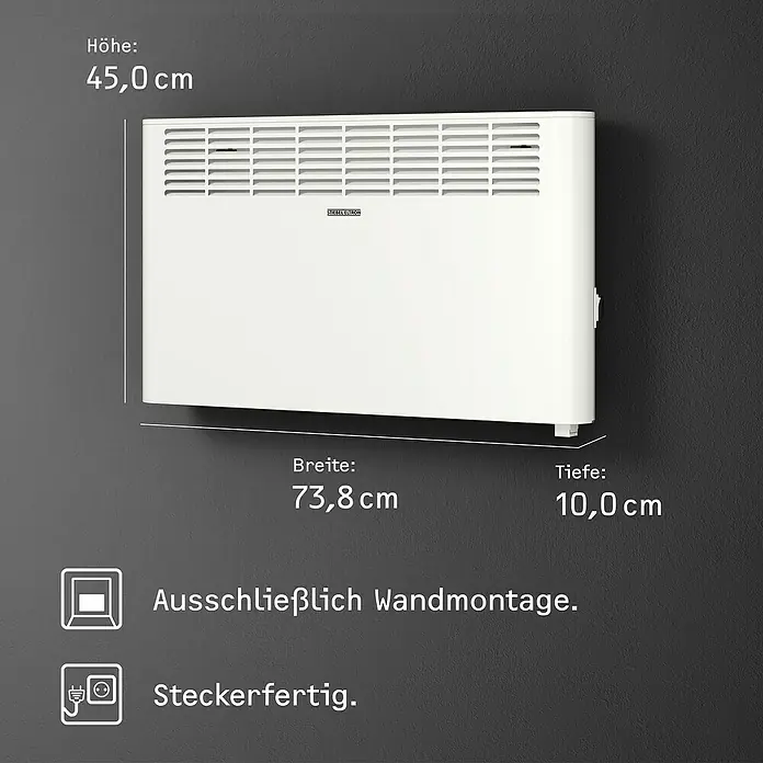 Stiebel Eltron Konvektorheizung CNS PLUS LCD Wandmontage - 2.000 W, Raumheizvermögen: 25 m², Weiß - Abbildung eines Stiebel Eltron Wandheizkörpers mit den Maßen 45,0 cm Höhe, 73,8 cm Breite und 10,0 cm Tiefe.