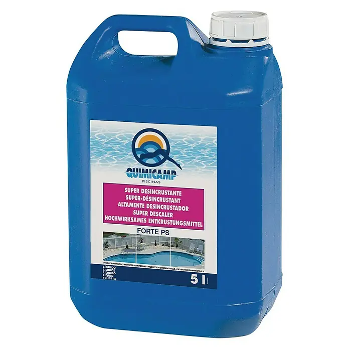 Quimicamp Desincrustante de piscina Forte PS - 5 l - Garrafa azul de Quimicamp Forte PS Super Desincrustante para piscinas con tapa blanca y asa.
