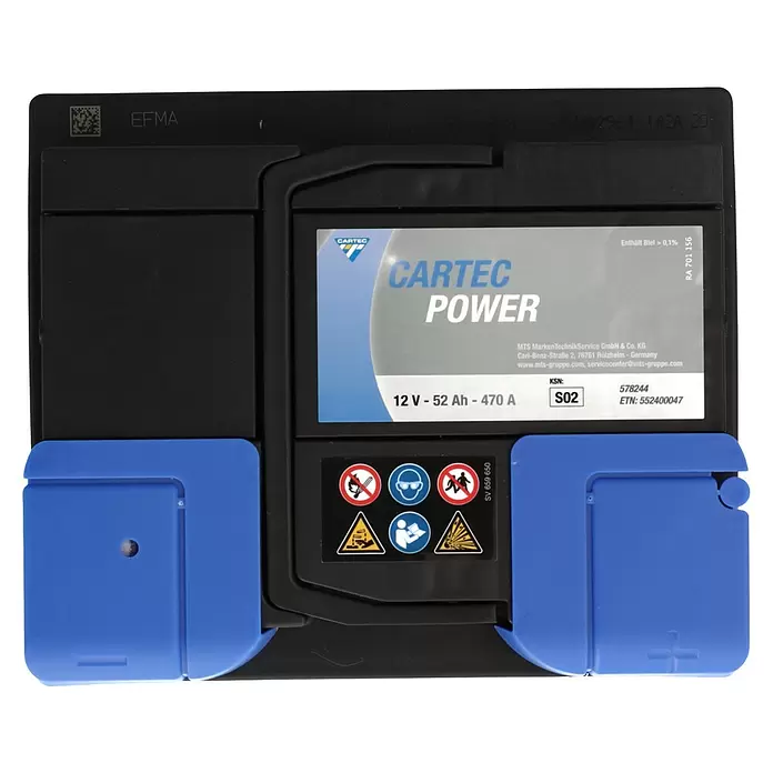 Cartec Autobatterie Power SLI 52 AH 470A - 52 Ah, 12 V - Schwarze CARTEC POWER Autobatterie mit blauen Anschlusskappen, 12V 52Ah 470A.