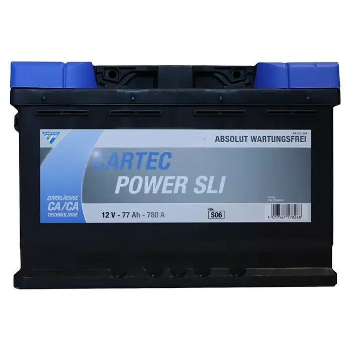 Cartec Autobatterie Power SLI 77 AH 780A - 77 Ah, 12 V - Schwarze Cartec Power SLI Autobatterie mit blauen Kappen, 12V 77Ah 780A, wartungsfrei.