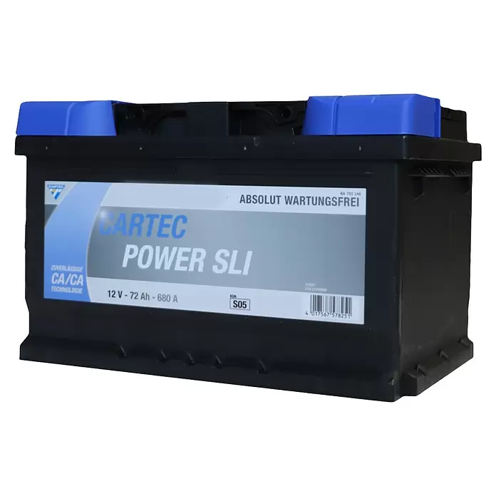 Cartec Autobatterie Power SLI 72 AH 680A - 72 Ah, 12 V - Schwarze CARTEC 12V 72Ah 680A Starterbatterie mit blauen Kappen, absolut wartungsfrei.