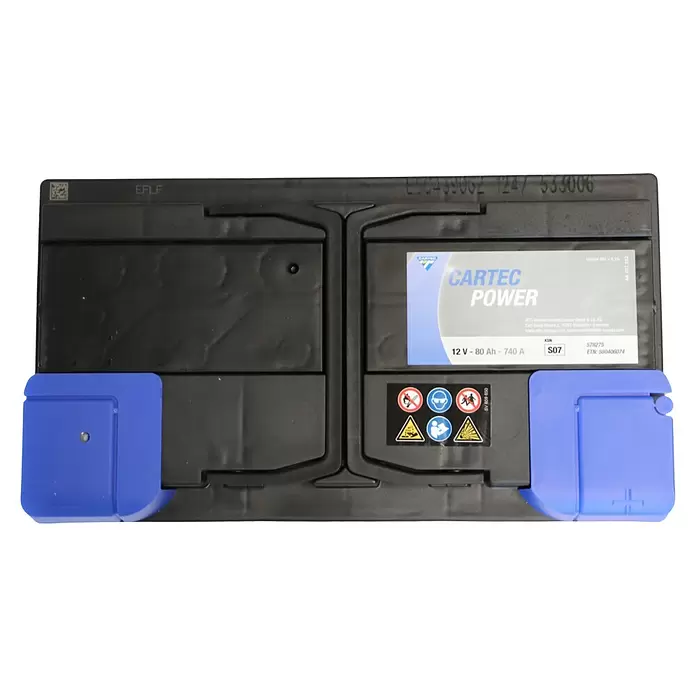 Cartec Autobatterie Power SLI 80 AH 740A - 80 Ah, 12 V - Schwarze CARTEC POWER Autobatterie mit blauen Polabdeckungen, 12V 80Ah 740A.
