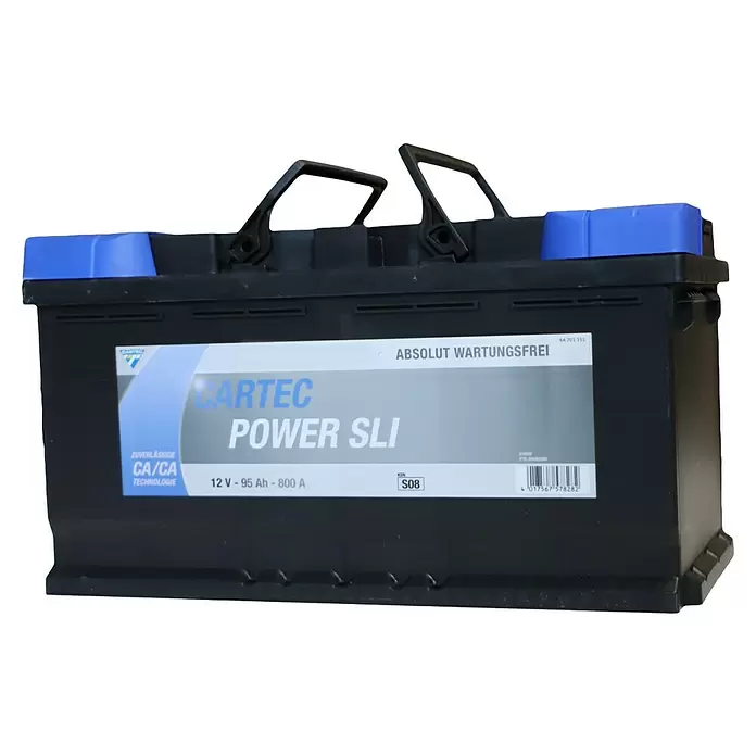 Cartec Autobatterie Power SLI 95 AH 800A - 95 Ah, 12 V - Eine schwarze, wartungsfreie Autobatterie mit blauen Akzenten, Tragegriffen und Spezifikationen wie 12V 95Ah.