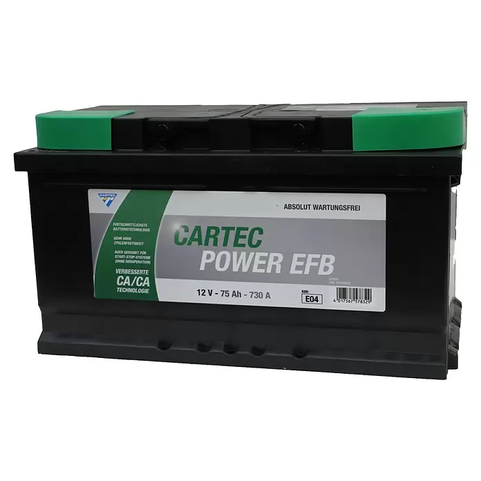 Cartec Autobatterie Power EFB 75 AH 730A - 75 Ah, 12 V - Schwarze Cartec Power EFB Autobatterie, 12V 75Ah 730A, mit grünen Kappen und wartungsfreier Start-Stopp-Technologie.