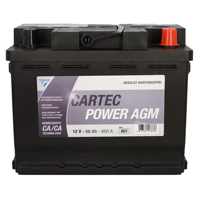 Cartec Autobatterie Power AGM 60 AH 680A - 60 Ah, 12 V - Schwarze CARTEC POWER AGM 12V 60Ah Autobatterie, wartungsfrei und für Start-Stopp-Systeme.